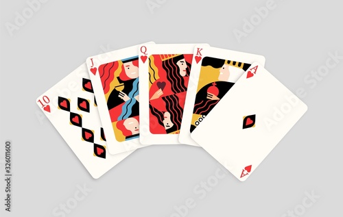 Winning poker hand combination hearts royal flush vector flat illustration. Realistic five card playing winner compound isolated on white background. Gambling casino game chance