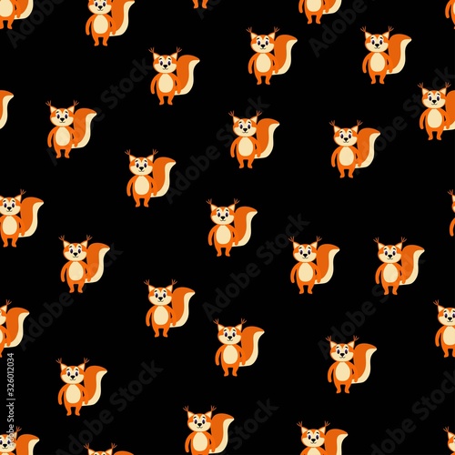 Seamless pattern with cute squirrel in a flat style on a black background. Stock vector illustration for decoration and design, packaging, wallpaper, wrapping paper, fabrics, posters, postcards