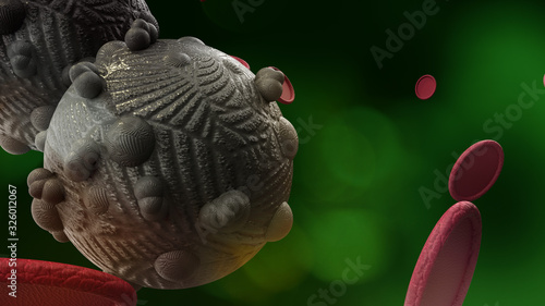 The virus in green dark tone 3d rendering for  medicine  and  healthcare content. © niphon