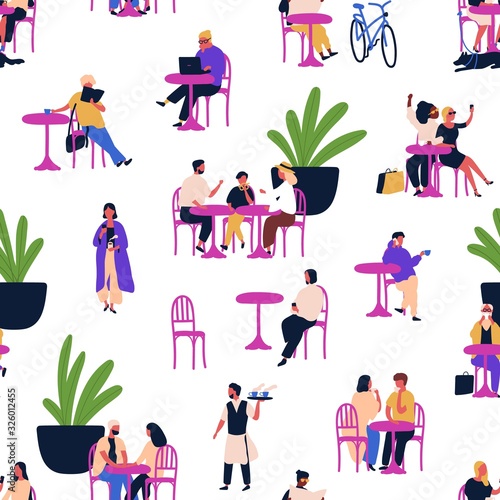 Different people relaxing at outdoor cafe sitting table seamless pattern. Various visitors of summer street coffeehouse isolated on white. Cartoon colorful person having good time at city bistro