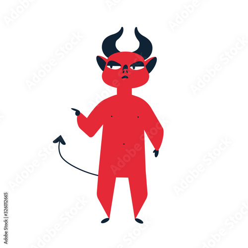 Cruel red devil with horns and tail pointing finger on something vector flat illustration