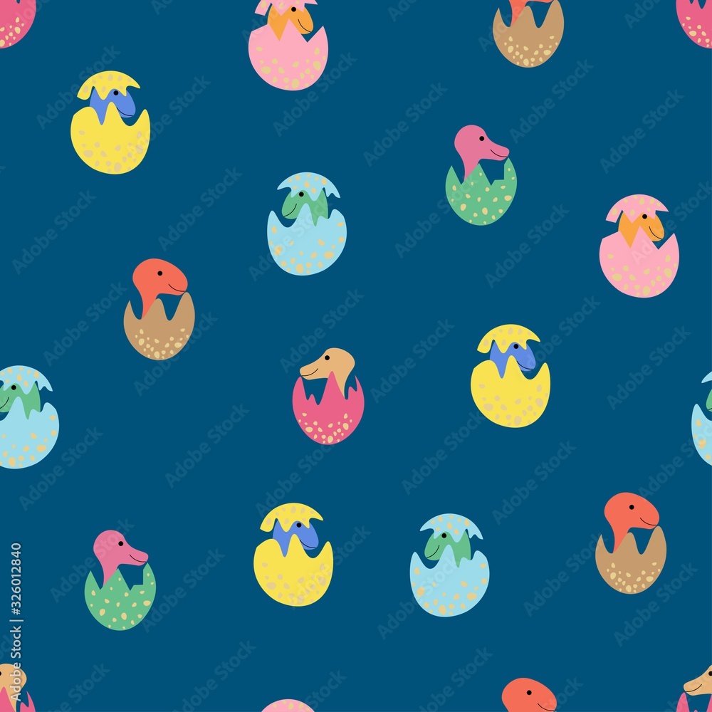 Seamless pattern with dinosaur cubs in eggs on a blue background. Stock vector illustration for decoration and design, wrapping paper, baby textiles, wallpaper, fabrics, postcards, for Easter and more