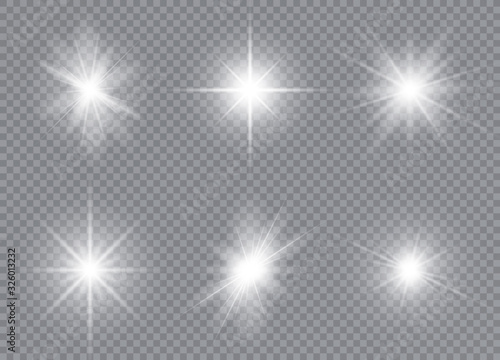 Set of bright stars. Sunlight translucent special design light effect. Vector illustration.