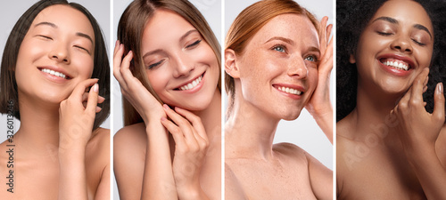 Happy diverse women enjoying smooth skin photo