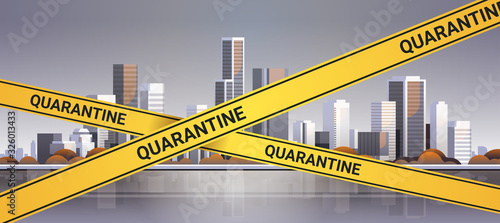 epidemic MERS-CoV quarantine caution on yellow warning tape over modern city buildings coronavirus infection wuhan 2019-nCoV pandemic health risk concept cityscape background horizontal vector