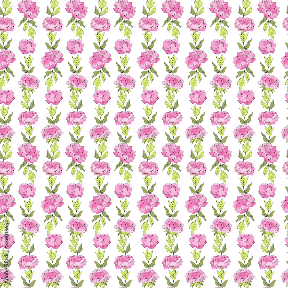 Pink peonies and green leaves. Seamless floral pattern. Vector illustration on white background.