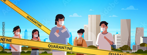 epidemic MERS-CoV yellow tape with quarantine inscription asian people wearing masks to prevent coronavirus infection wuhan 2019-nCoV pandemic health risk concept portrait cityscape background