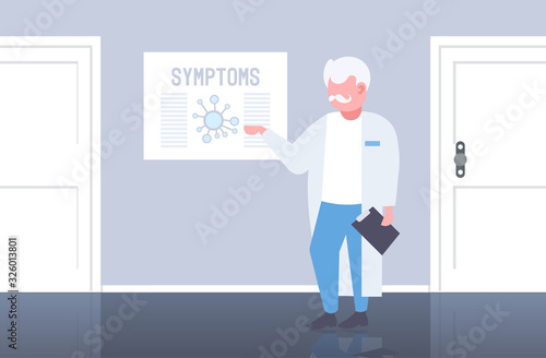 doctor pointing at medical board with coronavirus symptoms epidemic MERS-CoV virus wuhan 2019-nCoV hospital office interior horizontal full length vector illustration