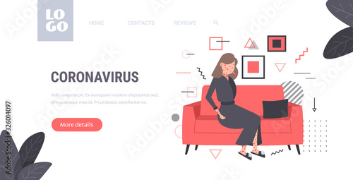 sick woman with fever and red rash coronavirus infection symptoms epidemic MERS-CoV virus wuhan 2019-nCoV pandemic health risk concept full length horizontal copy space vector illustration