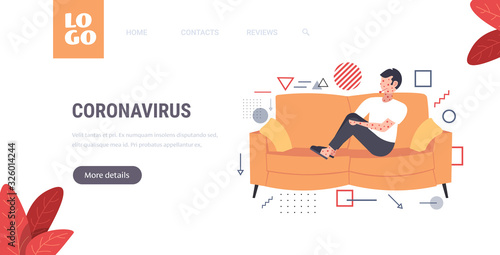 sick man with fever and red rash coronavirus infection symptoms epidemic MERS-CoV virus wuhan 2019-nCoV pandemic health risk concept copy space full length horizontal vector illustration