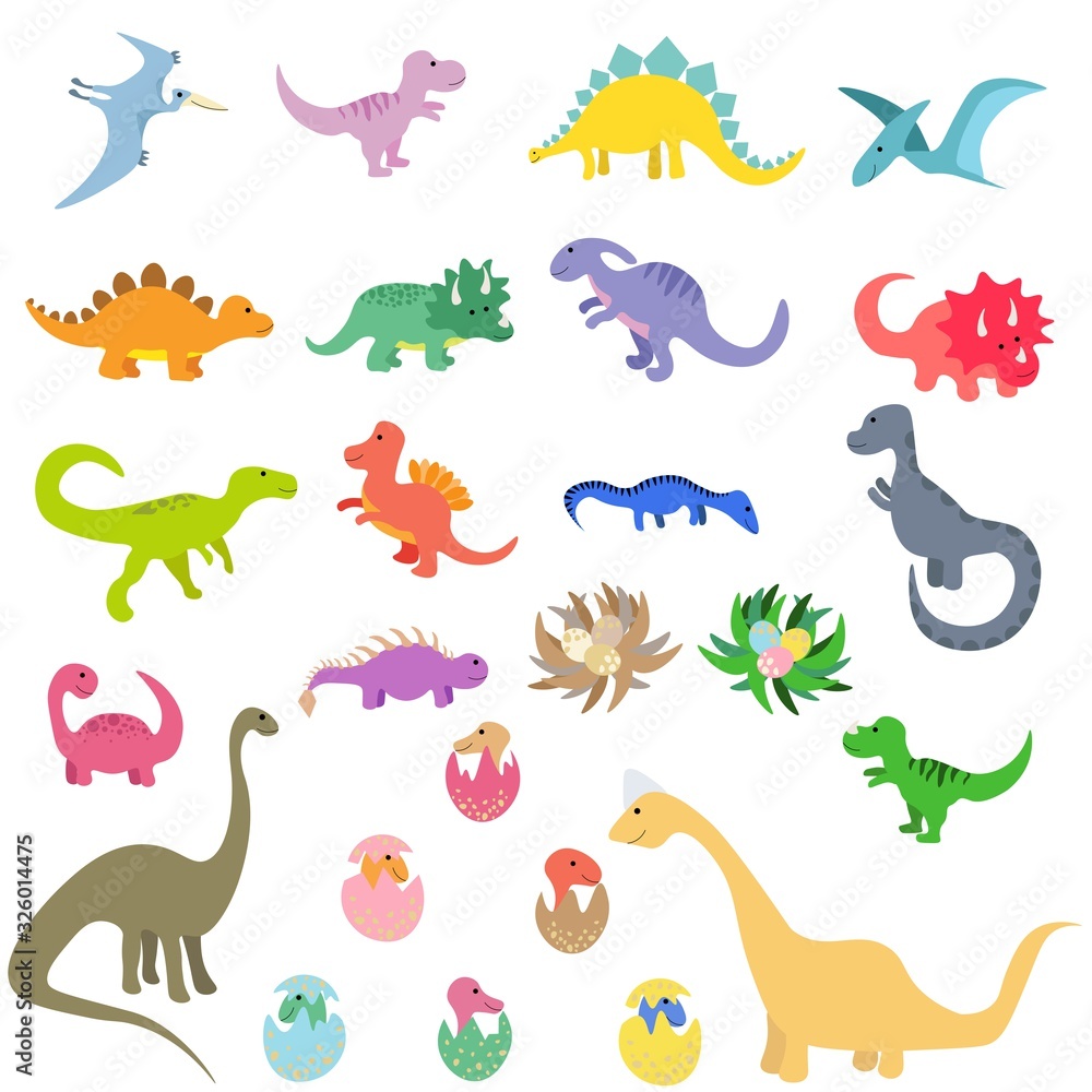 Set of cute dinosaurs in a flat style isolated on white background. Stock vector illustration for decoration and design, children's books and coloring, stickers, fabrics, packaging, postcards and more Set of cute dinosaurs in a flat style isolated on white background. Stock vector illustration for decoration and design, children's books and coloring, stickers, fabrics, packaging, postcards and more