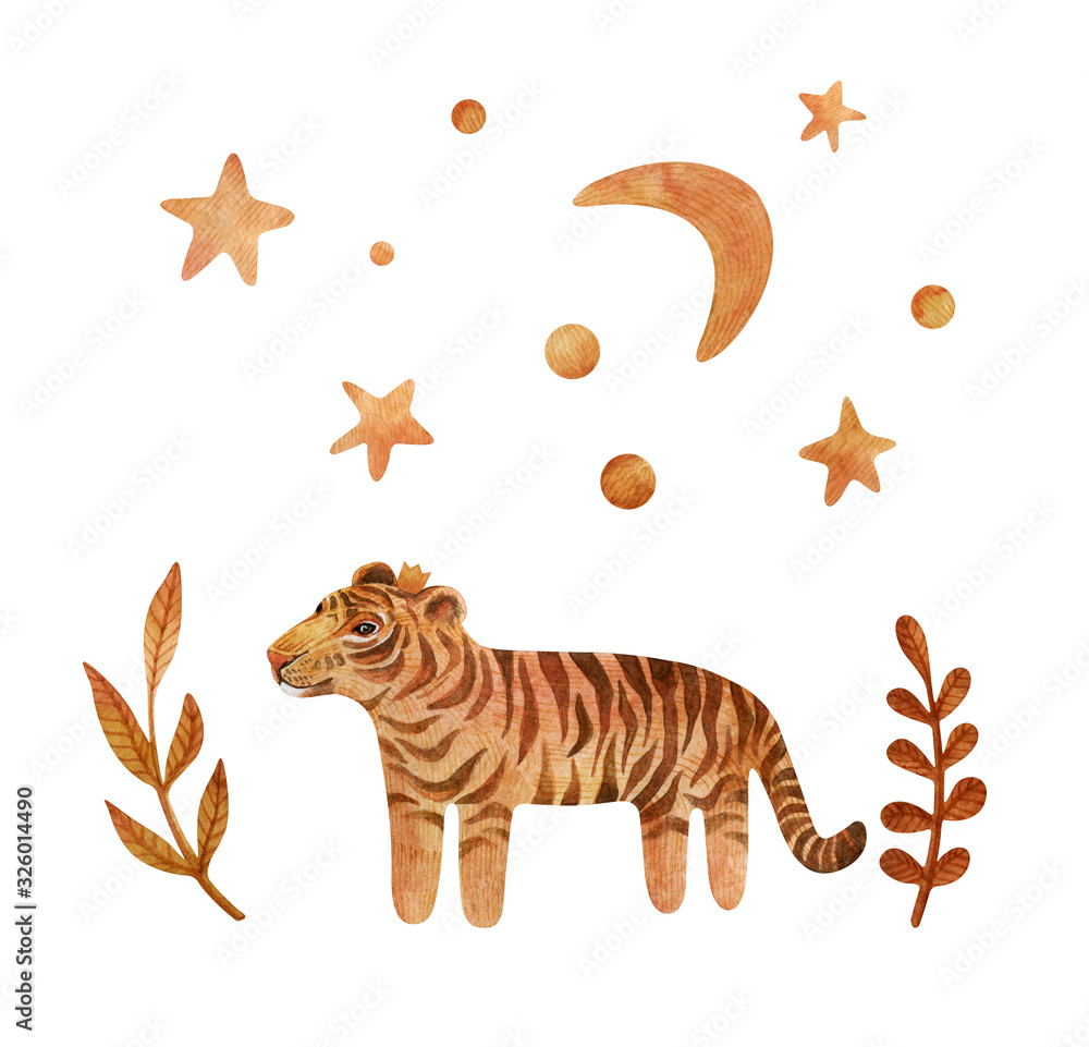 Watercolor Set With Cute Tiger And Stars. Wild Cat And Moon Isolated On 