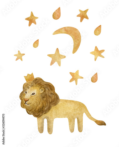 Plakat Watercolor set with cute lion king and stars. Wild cat and moon isolated on white. Children cartoon set perfect for cards, prints, posters, design, fabric.