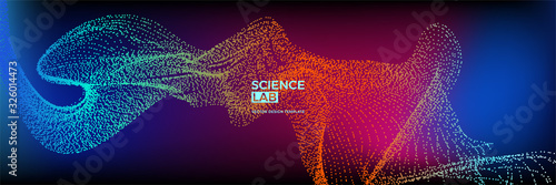 Panoramic science or technology background with dynamic particles. Trendy colourful design template. Applicable for banners, flyers, covers, presentations, identity, landing pages, websites.