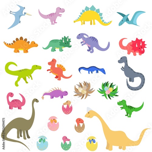 Set of cute dinosaurs in a flat style isolated on white background. Stock vector illustration for decoration and design, children's books and coloring, stickers, fabrics, packaging, postcards and more