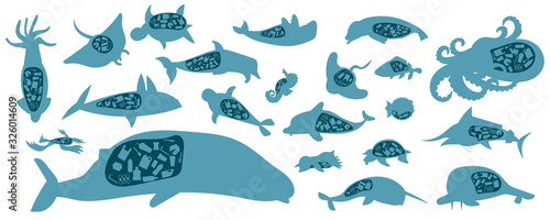 set of silhouette marines dead, fish died, plastics waste pollution in stomach sea animals life, environmental concept, vector flat illustration  in horizontal design isolated on white background