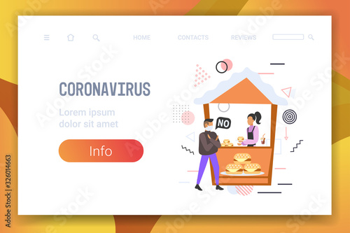 man in mask doing cross arms say no to seller in hamburger stall to prevent coronavirus epidemic MERS-CoV virus 2019-nCoV health risk concept street food shop full length copy space horizontal vector