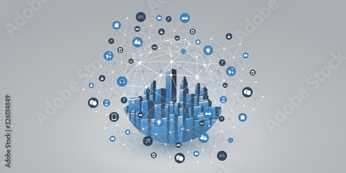 Smart City, Cloud Computing Design Concept with Wireframe Sphere and Icons - Digital Network Connections, Technology Background