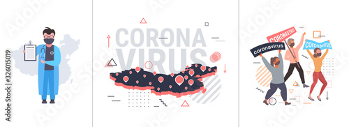 set epidemic MERS-CoV coronavirus infection wuhan 2019-nCoV pandemic health risk concepts collection horizontal full length vector illustration