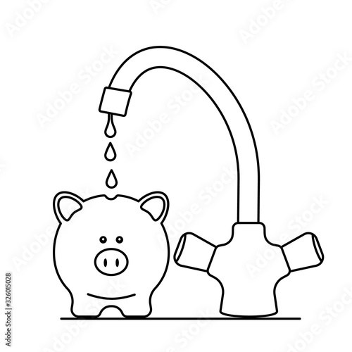 A water faucet punishes drop by drop in a realistic pig piggy bank. The concept of savings, pensions and passive income in cryptocurrency.