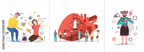 set epidemic MERS-CoV coronavirus infection wuhan 2019-nCoV pandemic health risk concepts collection horizontal full length vector illustration