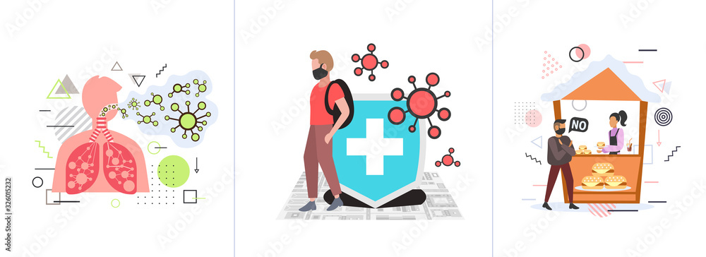 set epidemic MERS-CoV coronavirus infection wuhan 2019-nCoV pandemic health risk concepts collection horizontal full length vector illustration