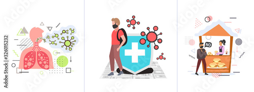 set epidemic MERS-CoV coronavirus infection wuhan 2019-nCoV pandemic health risk concepts collection horizontal full length vector illustration