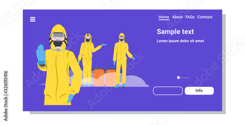 people wearing yellow hazmat suits and protection masks to prevent epidemic MERS-CoV wuhan coronavirus 2019-nCoV pandemic medical health risk copy space horizontal vector illustration