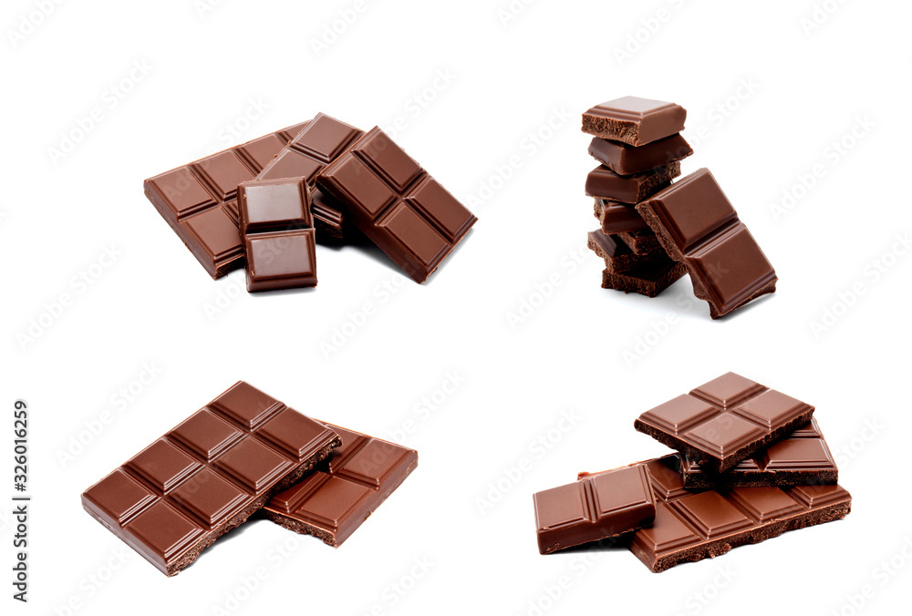 Collection of photos dark milk chocolate bars stack isolated