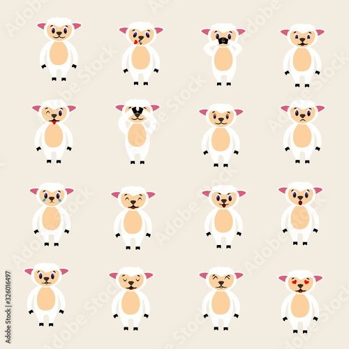 Set of emotions of cute sheep in a flat style isolated on background. Stock vector illustration for decoration and design, children's books and coloring, stickers, fabrics, packaging, postcards