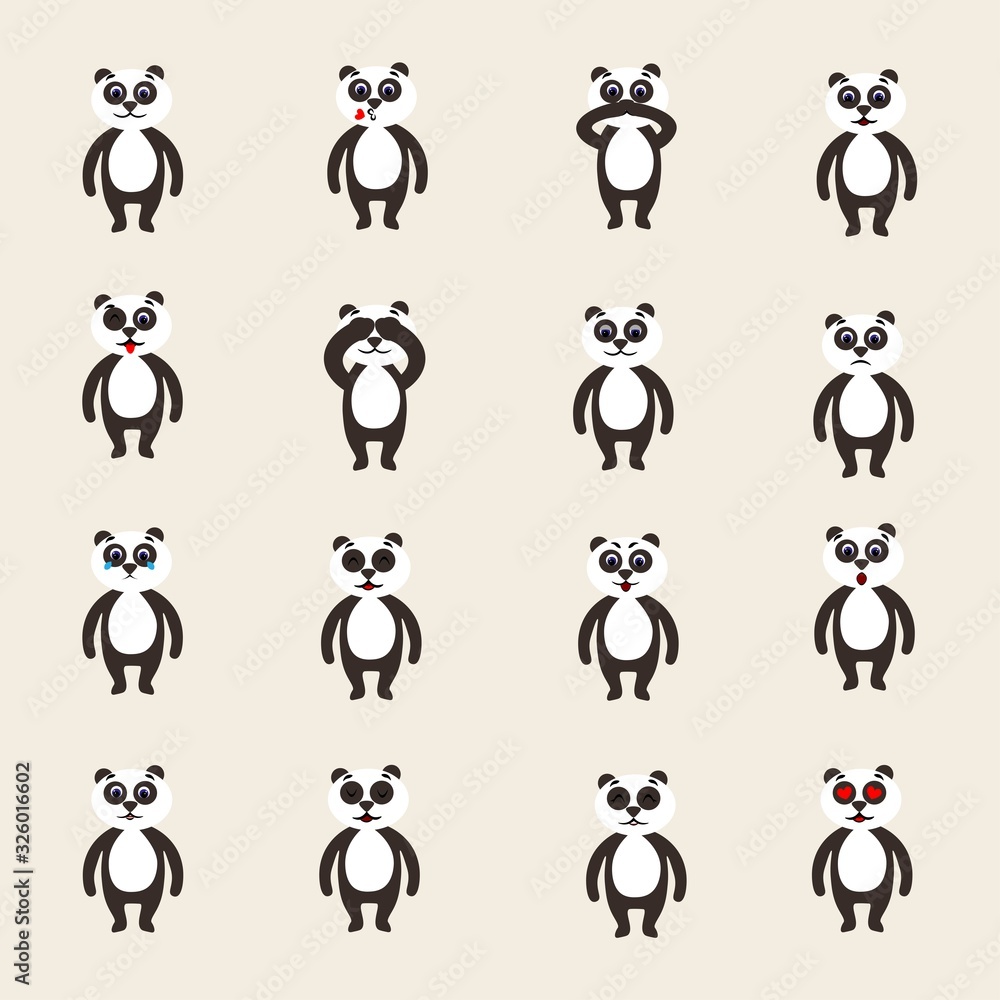 Set of emotions of cute pandas in flat style isolated on background. Stock vector illustration for decoration and design, children's books and coloring, stickers, fabrics, packaging, postcard, textile Set of emotions of cute pandas in flat style isolated on background. Stock vector illustration for decoration and design, children's books and coloring, stickers, fabrics, packaging, postcard, textile