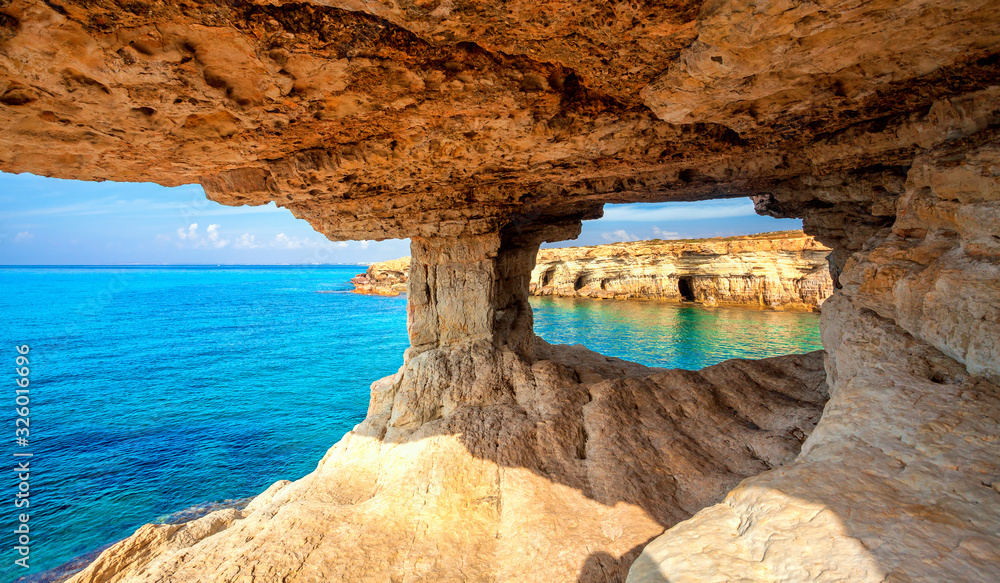 Sea cave near Cape Greko(Capo Greco) of Ayia Napa and Protaras on Cyprus island, Mediterranean Sea.