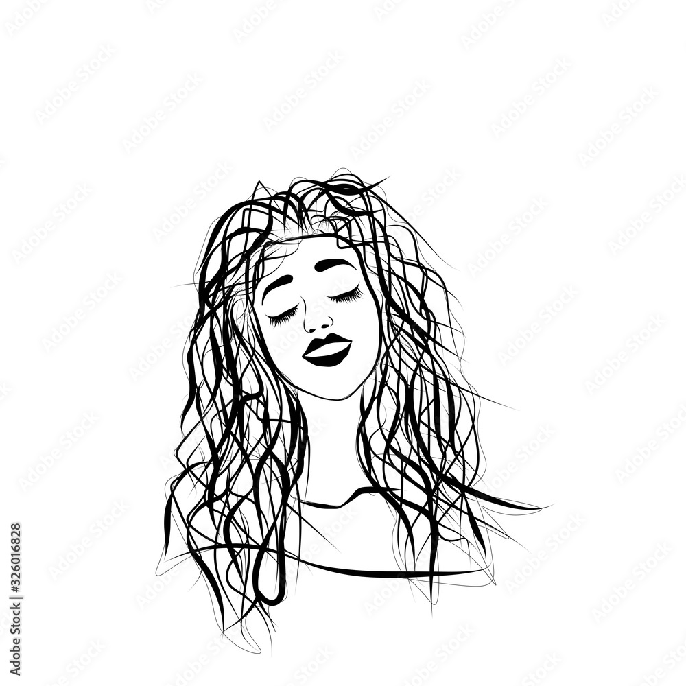 Sketch of a happy girl with a smile on her face and eyes closed ...