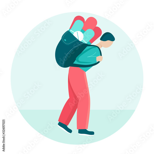 A young man carries a heavy backpack with pills.Concept of long-term and permanent medical treatment, Oncology, diabetes.The person is sick and weak.Flat vector illustration.