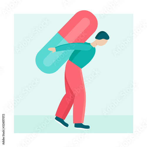 A young man carries a large pill on his back.Concept of long-term and permanent medical treatment, Oncology, diabetes.The person is sick and weak.Flat vector illustration.