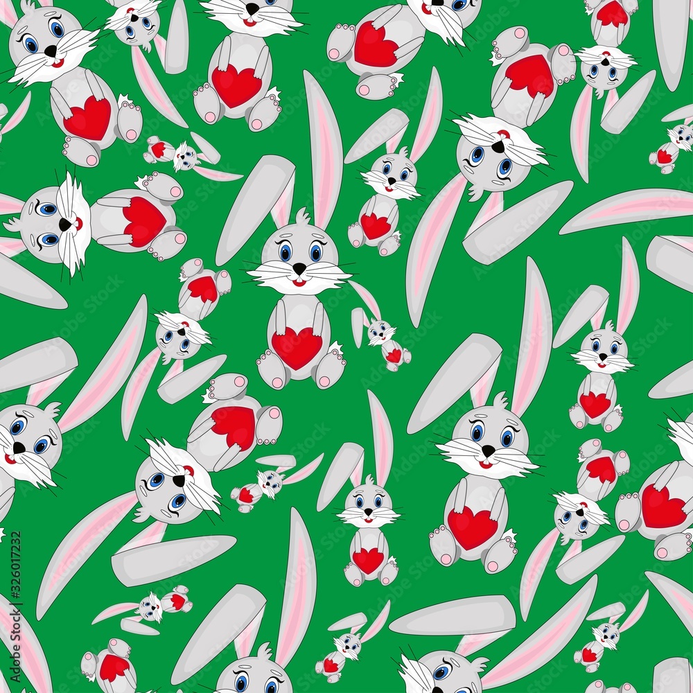 Naklejka premium Seamless pattern with rabbits and with red hearts in the paws on a green background. Stock vector illustration for decoration and design, wrapping paper, wallpaper, fabrics, for Valentines Day