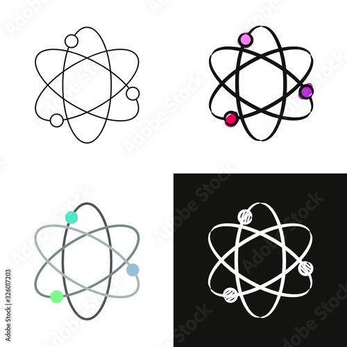 Spinning electrons icons set isolated on white background. Hand-drawn contour icon in doodle style, flat and chalk on a black board. Vector object for the theme of physics and education.