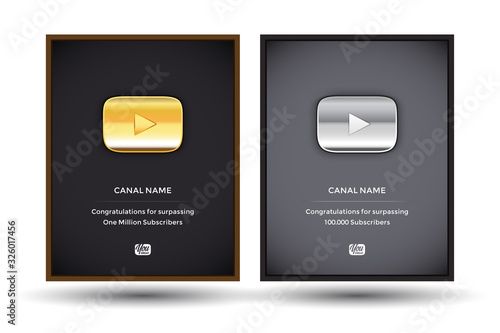 Golden and silver play youtube award buttons set in frames. Gold button video player. Silver button video player. Isolated vector illustration.