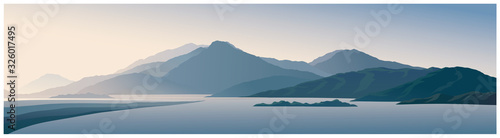 Plakat Górski panoramiczny krajobraz z sylwetkami gór na tle świtu
