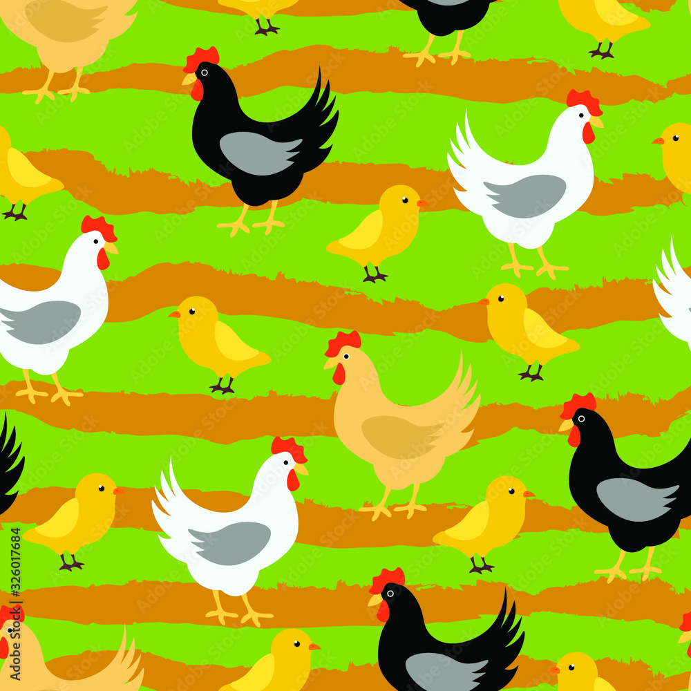 Fototapeta premium Chicken, rooster , birds , animal vector seamless pattern on green background . Concept for wallpaper, wrapping paper, cards 