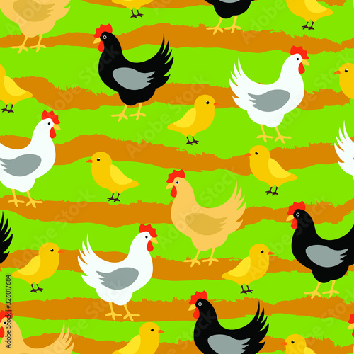 Chicken, rooster , birds , animal vector seamless pattern on green background . Concept for wallpaper, wrapping paper, cards 