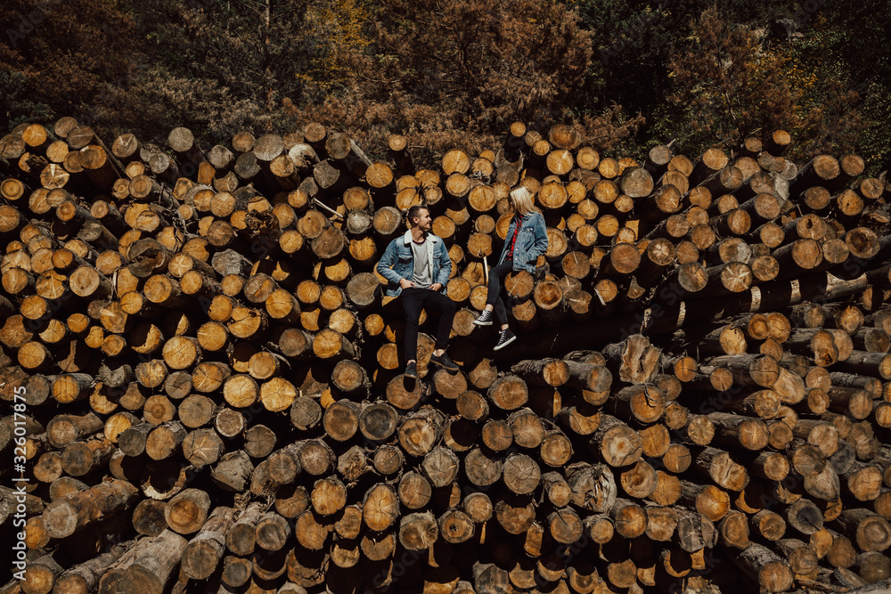 Fototapeta premium Young couple standing on the stack of firewood in the beautiful colorful autumn forest. Beautiful couple embracing on the felled logs in the forest. Man and woman embracing. Love story.