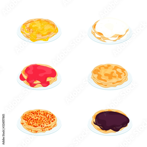 Pancakes vector collection. Breakfast vector set. Cook pancakes with different filling. Russian traditional food.