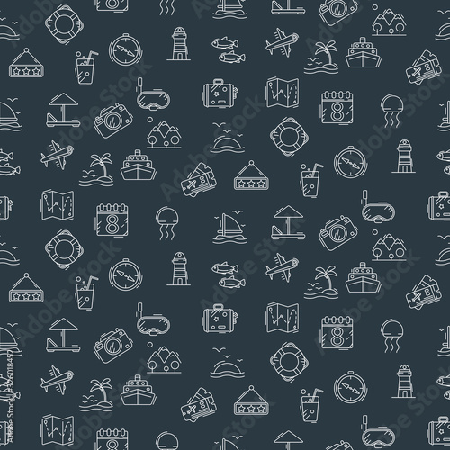 Stylish seamless pattern with laconic travel and vacation icons.
