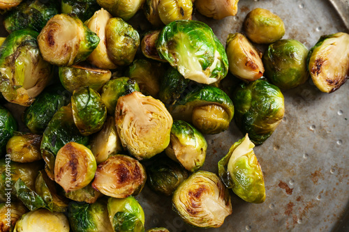 Delicious roasted Brussels sprouts in frying pan, closeup