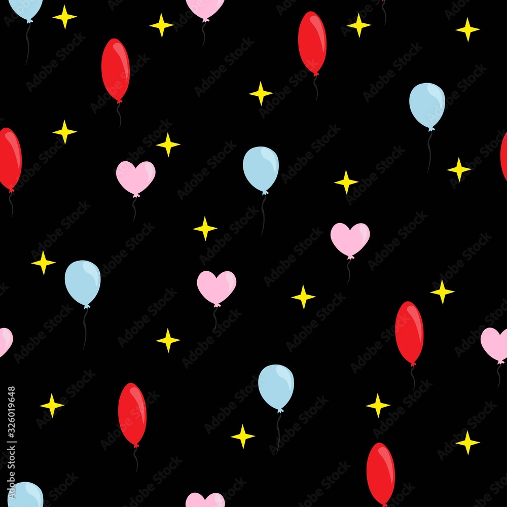 Seamless pattern with balloons and stars on a black background. Stock vector illustration for decoration and design, wrapping paper, wallpaper, fabrics, postcards, posters, web pages and more.