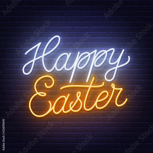 Happy Easter neon lettering. Glowing greeting card on a dark background. Vector illustration.