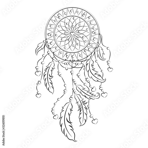 Beautiful dreamcatcher with feathers and hearts. Drawing a black line. Isolated object on a white background. Ethnic amulet. Boho style. Native american symbol. Stock vector illustration. Tattoo.
