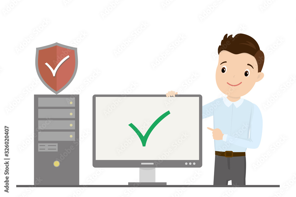 User male and PC computer with security shield User male and PC computer with security shield