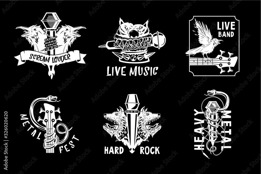 Fototapeta premium Vintage music emblem. Tattoo style illustration pack for rock and rap music. Heavy metal and hip-hop style. Retro design vector icons.
